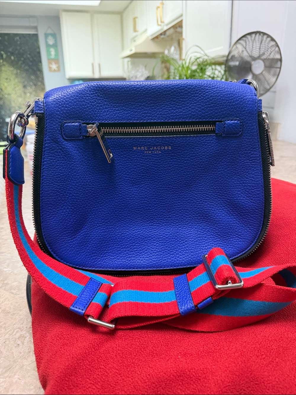 Marc Jacobs Cobalt Blue Leather Crossbody with Red & Blue Stripe Strap